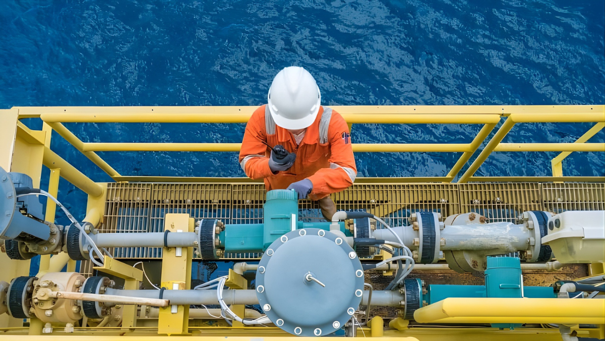 Offshore worker inspecting FPSO processing equipment in the Gulf of Mexico