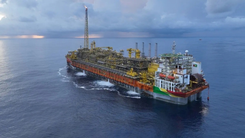 Large offshore FPSO vessel positioned in open water for oil production