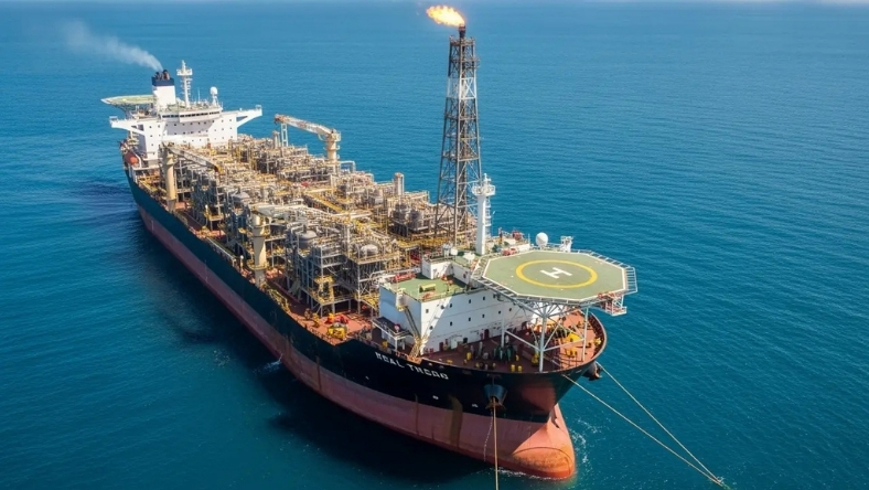 Offshore FPSO platform with flare stack, helideck and topside modules